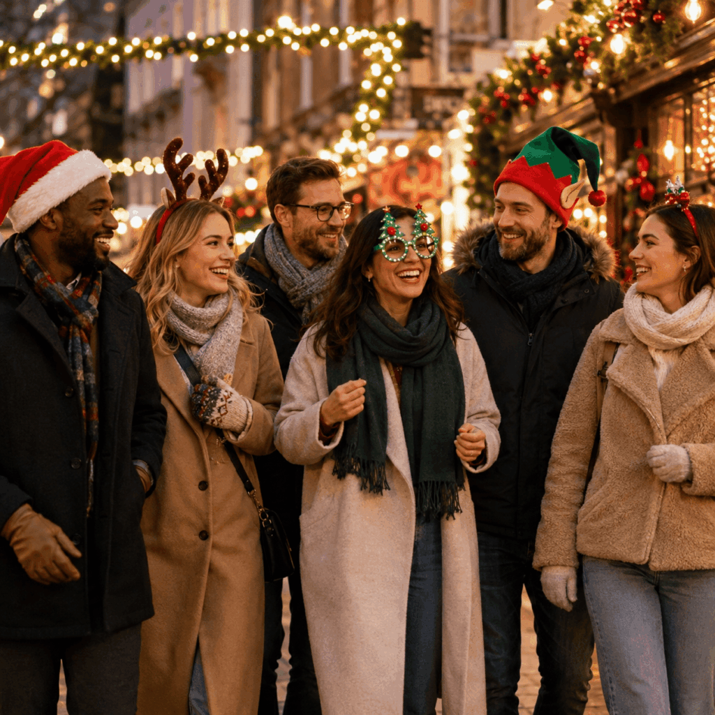 Un groupe d’adultes se promène dans une rue illuminée pour Noël, en portant différents accessoires de Noël comme un bonnet de Père Noël, un bonnet de lutin, un serre-tête renne et des lunettes de Noël, dans une ambiance naturelle, joyeuse et conviviale.