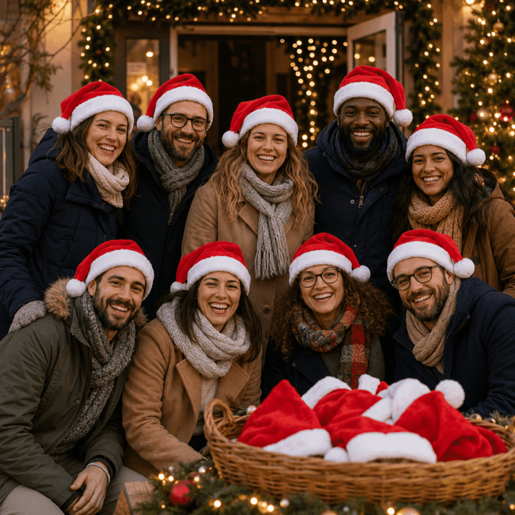 Un groupe d’adultes souriants pose devant une entrée illuminée pour Noël, tous coiffés d’un bonnet de Père Noël rouge et blanc. Un panier rempli de bonnets de Noël en lot est visible au premier plan, illustrant l’esprit d’équipe, la convivialité et l’ambiance festive créée par un accessoire simple à distribuer en entreprise, association ou collectivité.