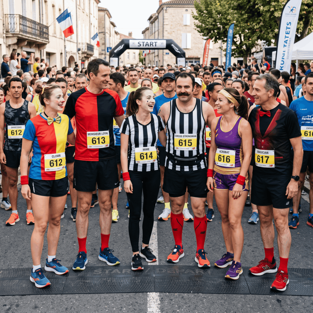 Six adultes aux morphologies variées participent à une course déguisée en incarnant un clown, un Monsieur Loyal, un mime, un homme fort, une acrobate et un magicien, avec des tenues de running coordonnées.
