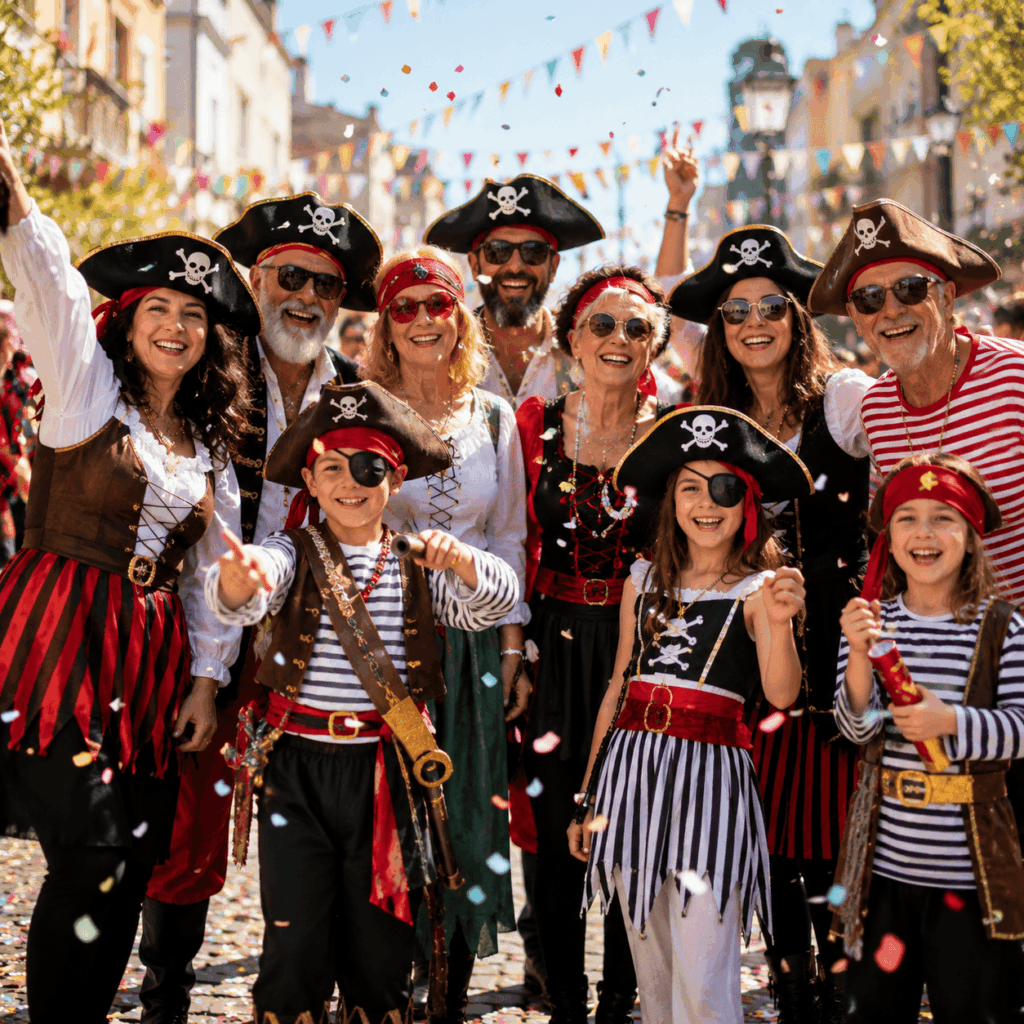 Un groupe composé d’enfants, d’adultes et de seniors porte des déguisements de Carnaval coordonnés mais différents, avec des accessoires colorés, des perruques, des lunettes fantaisie et des confettis, dans une ambiance joyeuse de départ de défilé.