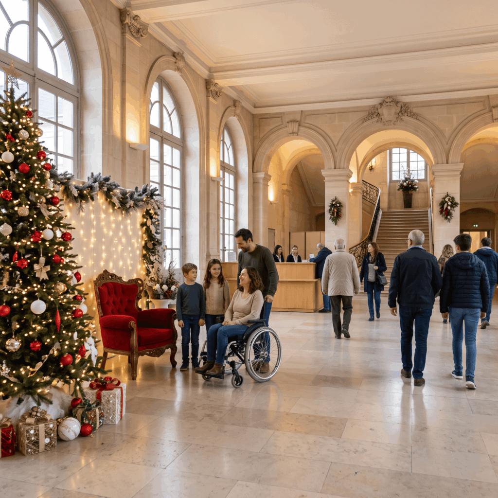 Hall municipal décoré pour Noël avec sapin, personnages et espace photo accessible aux personnes en fauteuil.