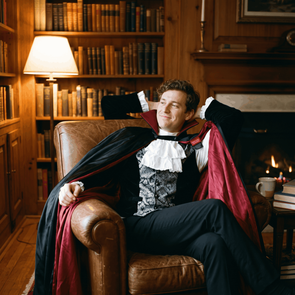 Un homme teste la mobilité de son costume de Dracula et vérifie l’aisance de sa veste, de son col et de sa cape.