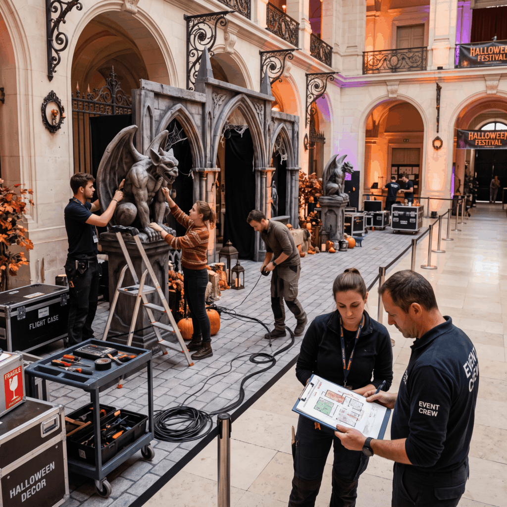 Installation professionnelle d’un grand décor Halloween avec automate stabilisé et passage sécurisé