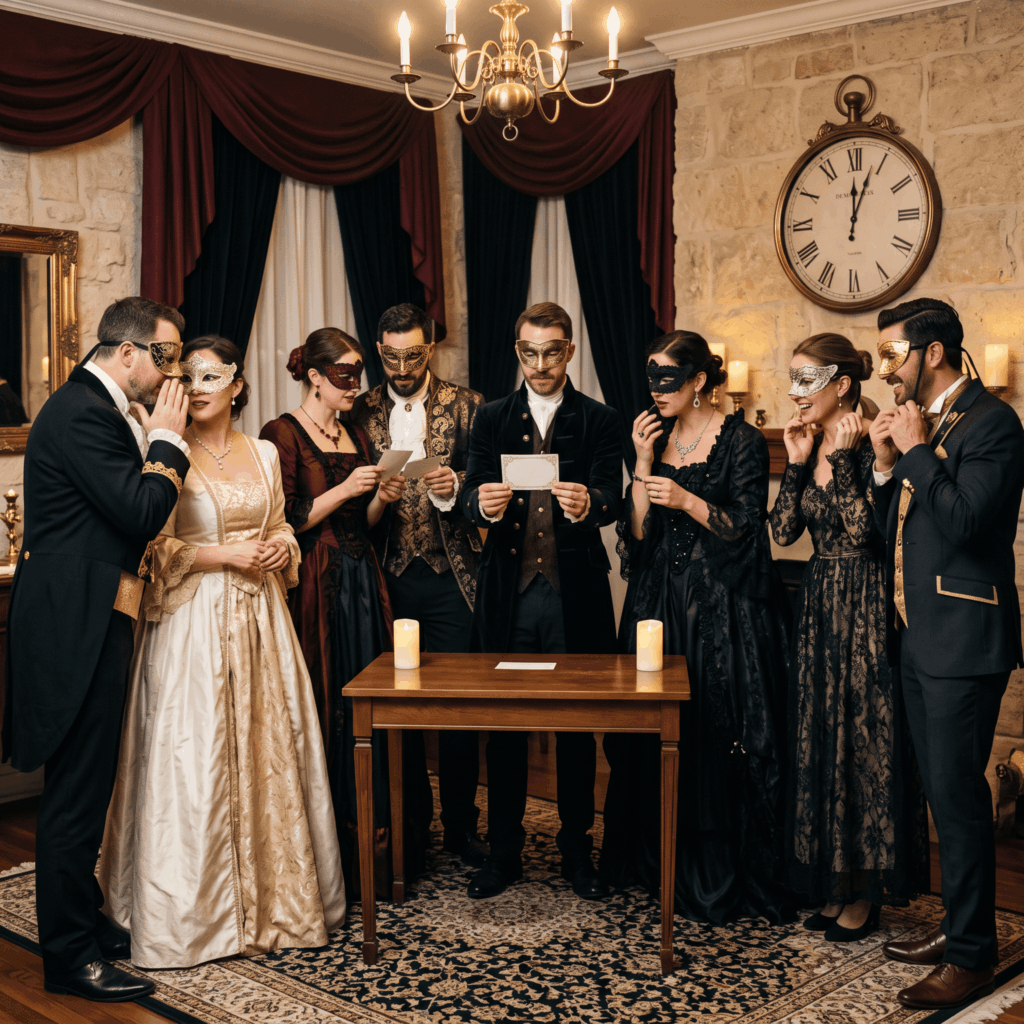 Huit adultes masqués participent à une animation autour des identités secrètes avant le moment de retirer ensemble leurs masques pendant un bal vénitien.