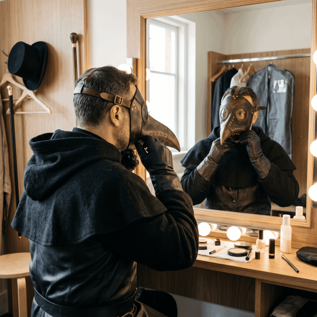 Une personne ajuste les sangles de son masque de médecin de la peste devant un miroir pour vérifier le confort, la visibilité et la respiration avant une soirée.