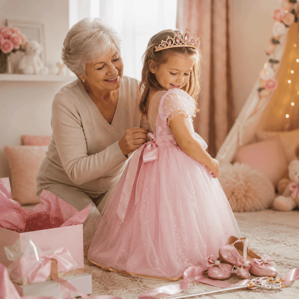 Une grand-mère ajuste tendrement le ruban du déguisement de princesse rose de sa petite-fille, heureuse et émerveillée. Autour d’elles, une boîte cadeau ouverte, une couronne, une baguette magique et des chaussures de princesse créent une scène chaleureuse de complicité, de cadeau et de rêve partagé entre générations.