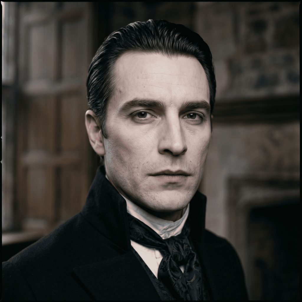 Portrait de Dracula avec teint pâle naturel, ombres légères sous les yeux et maquillage gothique discret.