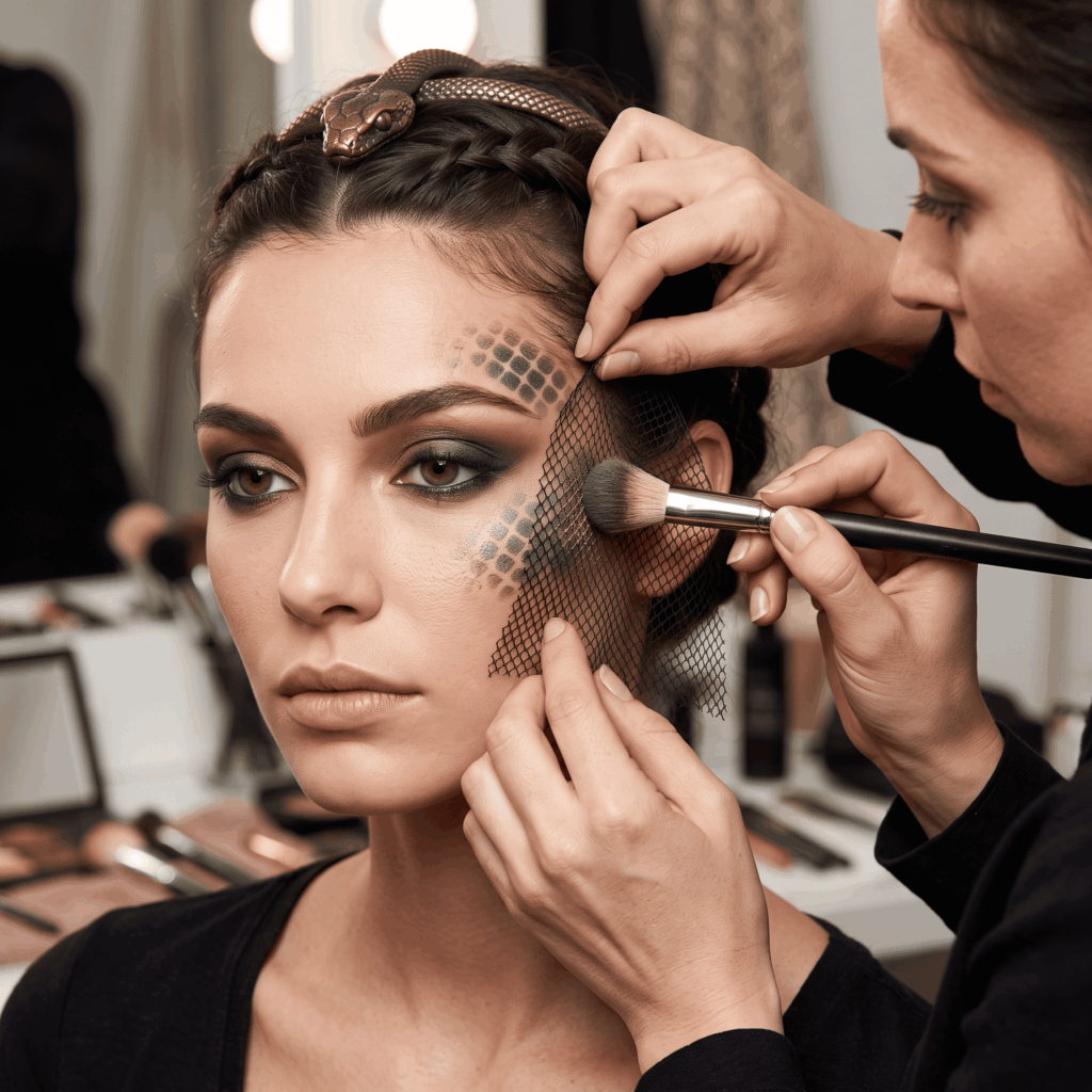 Une maquilleuse utilise une résille comme pochoir pour appliquer un motif d’écailles vertes et dorées sur la tempe d’une femme déguisée en Méduse.