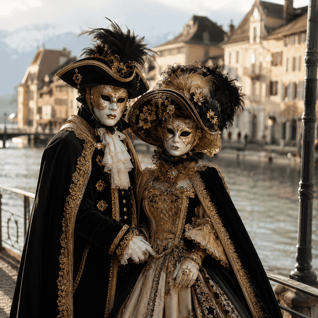 Deux personnes portant des costumes élégants, capes et masques vénitiens dans une ambiance raffinée inspirée du Carnaval vénitien d’Annecy.