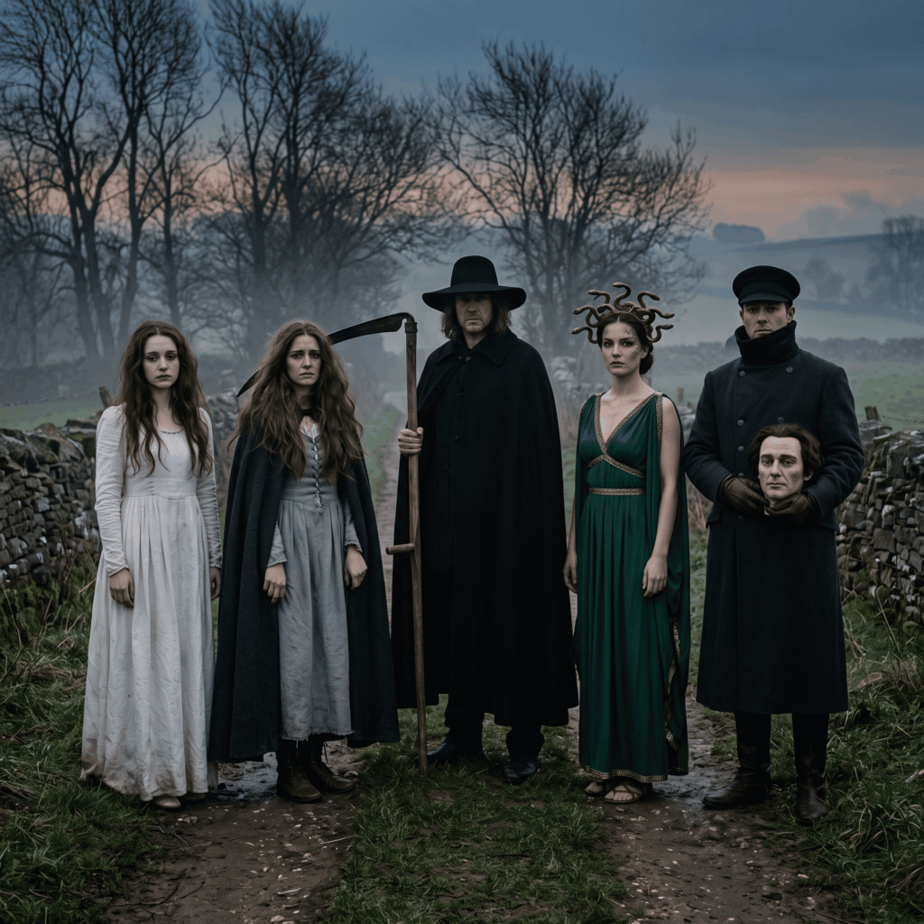 Cinq adultes incarnent des personnages mythologiques et légendaires : Méduse en robe antique, une Dame blanche, une Banshee, l’Ankou breton et le Dullahan irlandais.