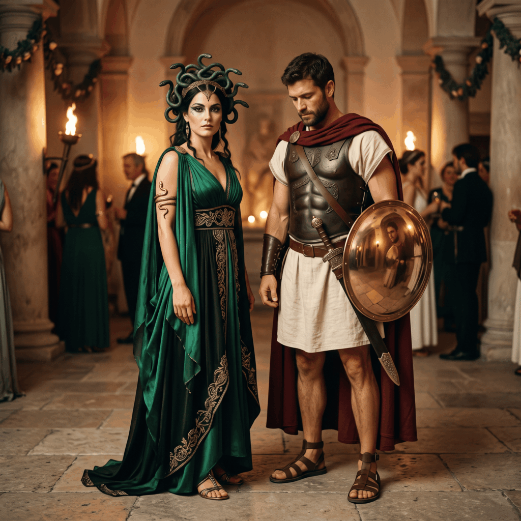 Une femme déguisée en Méduse, avec robe antique verte et coiffe à serpents, pose aux côtés d’un homme incarnant Persée avec tunique grecque, cape et bouclier réfléchissant.