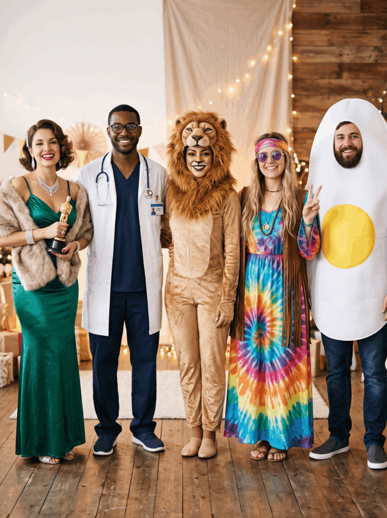 Cinq adultes déguisés en personnage de cinéma, médecin, lion, hippie et œuf humoristique.