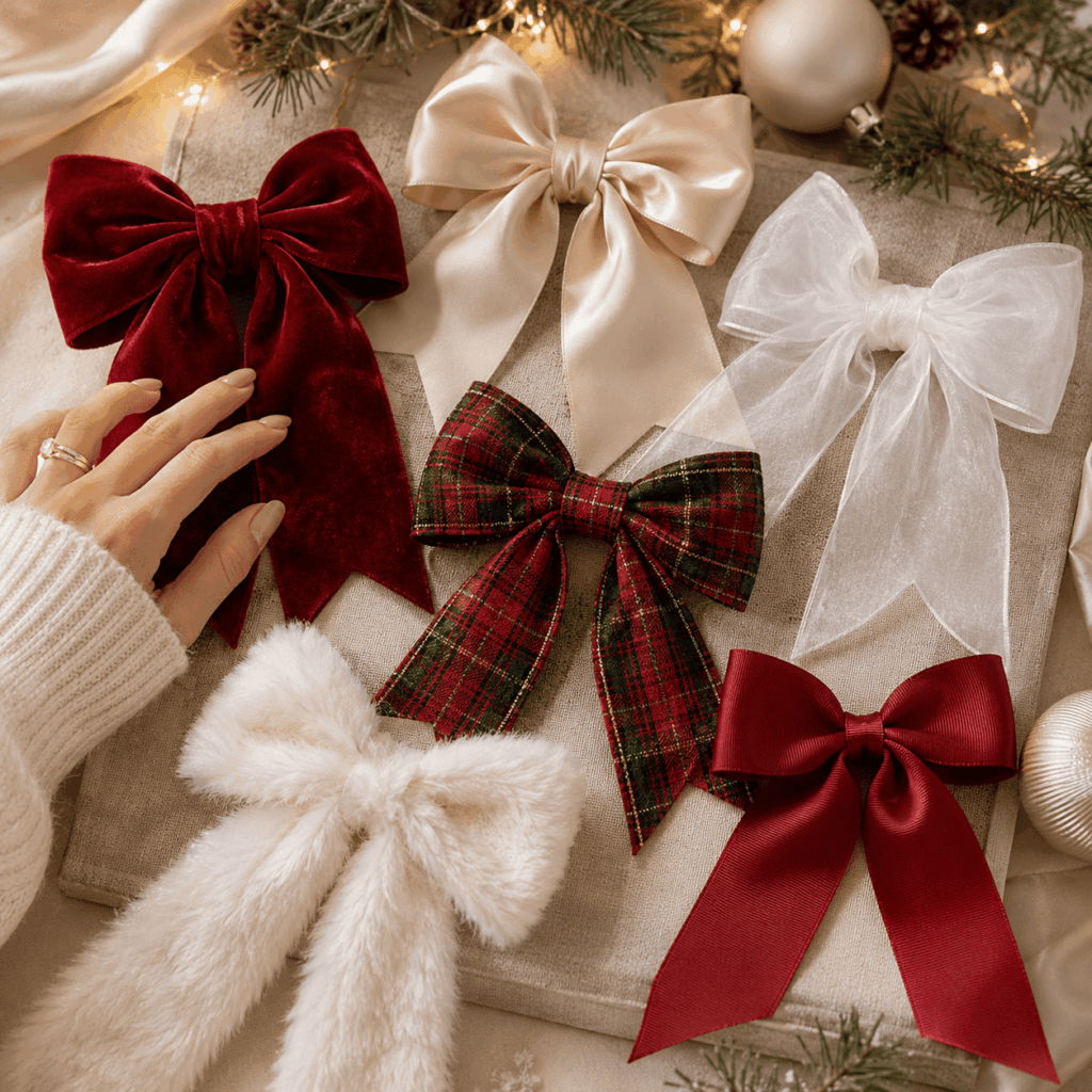 Main de femme touchant plusieurs nœuds de Noël présentés à plat dans différentes matières, dont velours rouge, satin champagne, organza blanc, tartan, fausse fourrure blanche et ruban classique rouge, dans une ambiance chaleureuse et élégante.