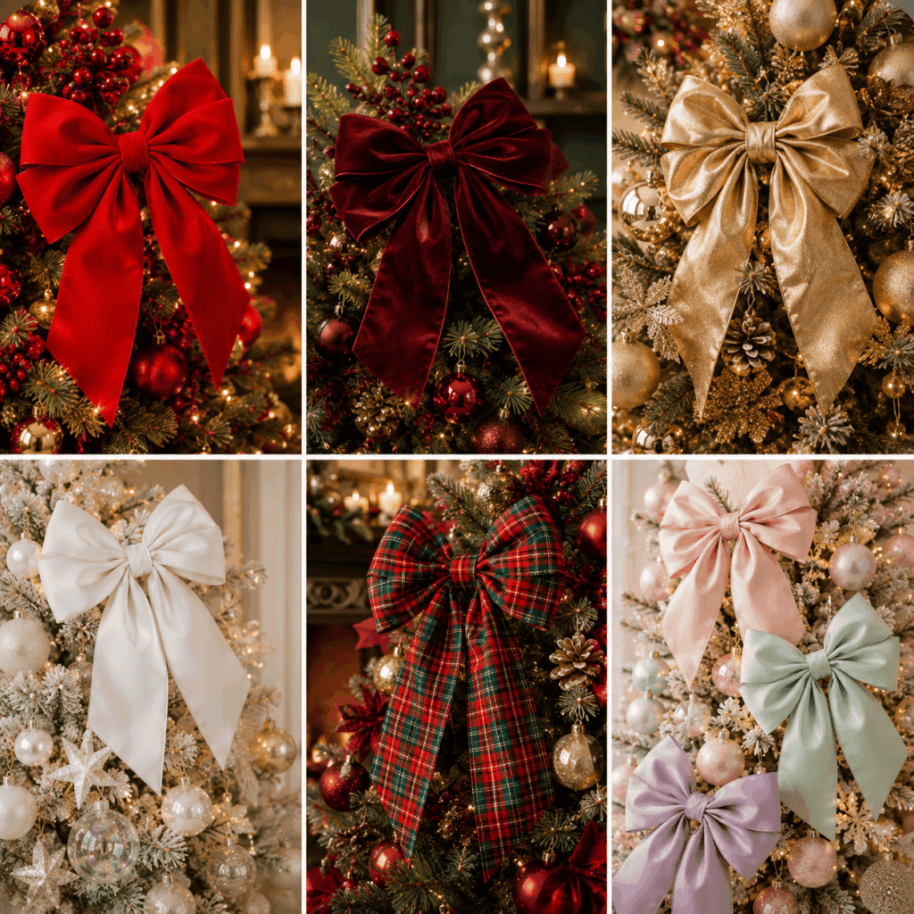 Planche d’inspiration de Noël composée de plusieurs gros plans de sapins décorés avec de grands nœuds de couleurs différentes : rouge, bordeaux, or, blanc, tartan et pastel, dans des ambiances festives et élégantes.