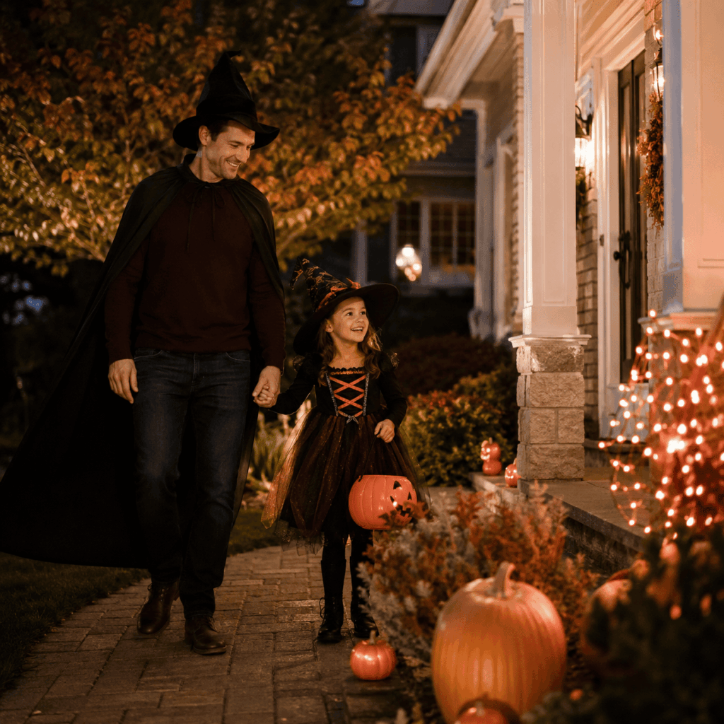 Un papa en jean, cape noire et chapeau accompagne sa petite fille déguisée en sorcière devant une maison décorée pour la chasse aux bonbons d’Halloween.