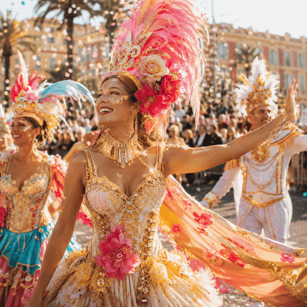 Costumes de parade avec plumes, paillettes, capes et accessoires dorés dans une ambiance inspirée du Carnaval de Nice.