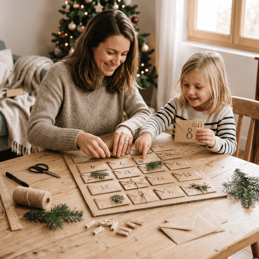 Un parent et un enfant fabriquent ensemble un calendrier de l’Avent DIY sur une grande table, avec 24 enveloppes kraft, un support en bois clair et un matériel simple comme de la ficelle, des ciseaux et quelques branches de sapin.