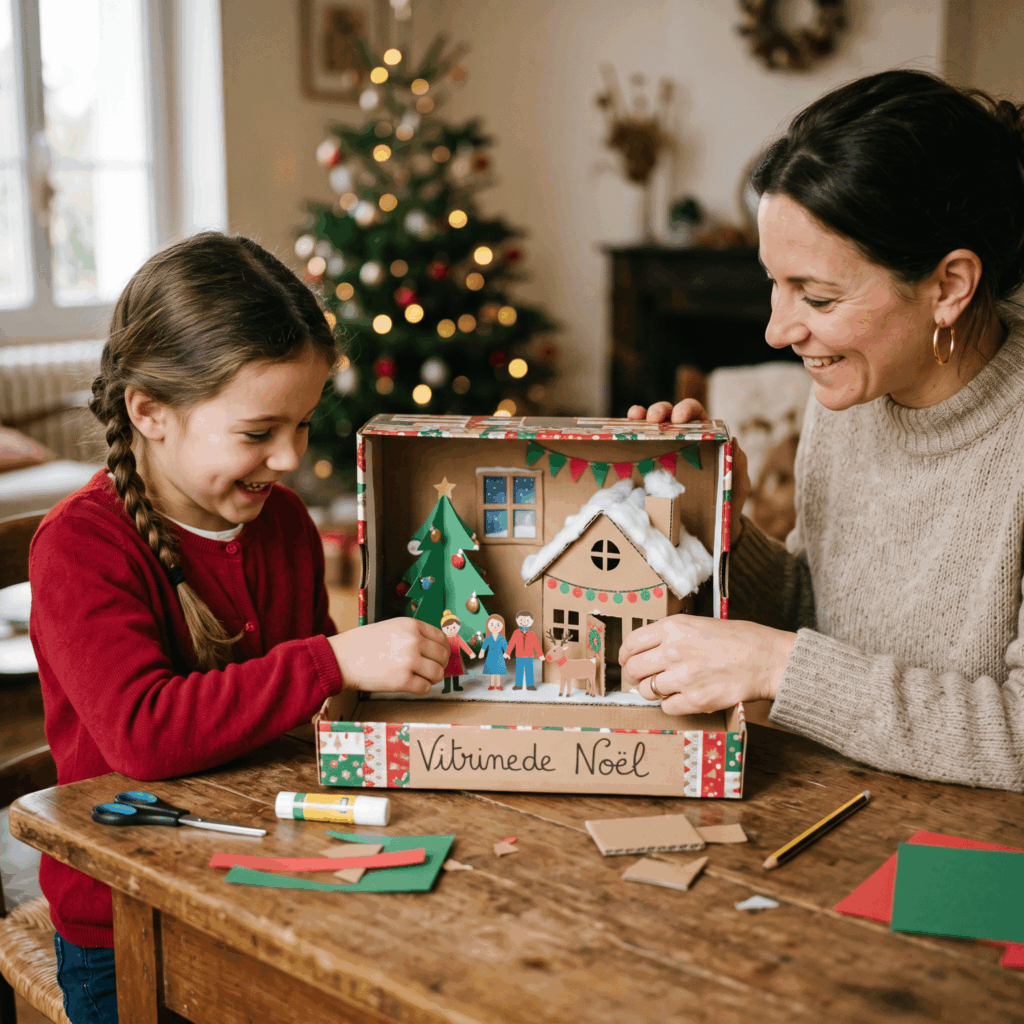 Un parent et un enfant terminent une mini-vitrine de Noël dans une boîte à chaussures, avec un petit chalet en carton, un sapin en papier et quelques personnages simples, dans une ambiance familiale chaleureuse.