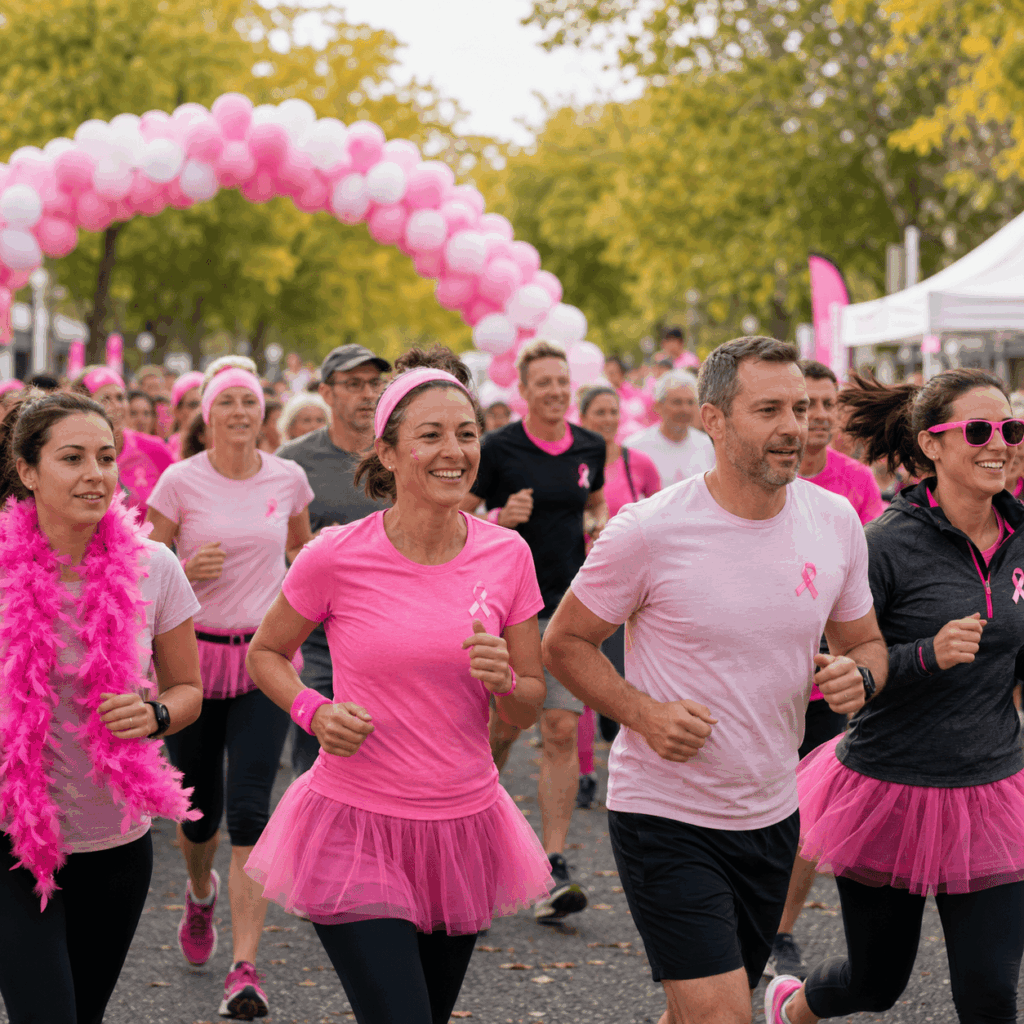 Participants courant lors d’une manifestation Octobre Rose avec accessoires festifs roses