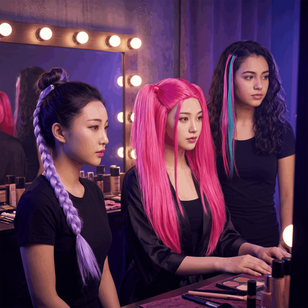 Trois jeunes comparent des accessoires cheveux K-pop dans une loge : une perruque rose complète, une longue tresse lilas amovible et des mèches clipsées fuchsia et turquoise sur cheveux naturels.