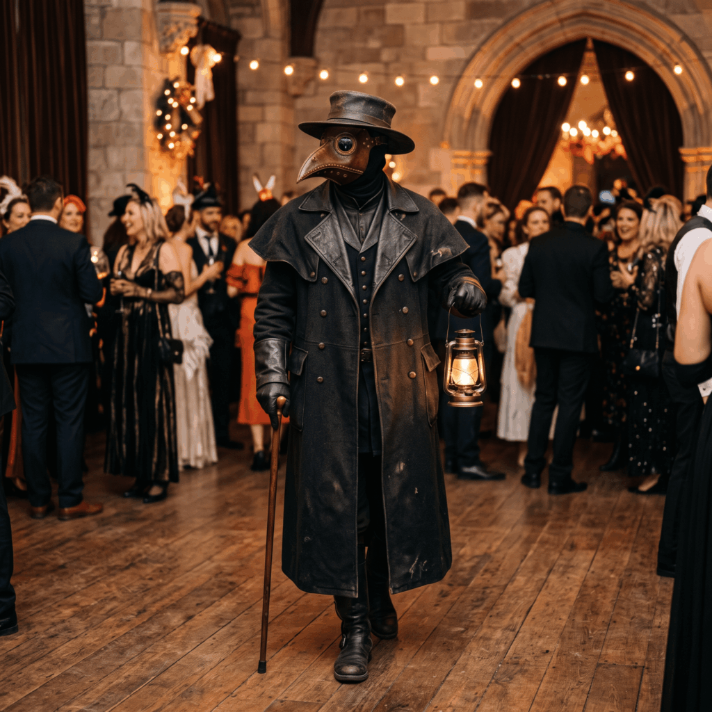 Personnage de médecin de la peste en longue tenue noire avec masque à bec, chapeau, canne et lanterne LED pendant une soirée déguisée.