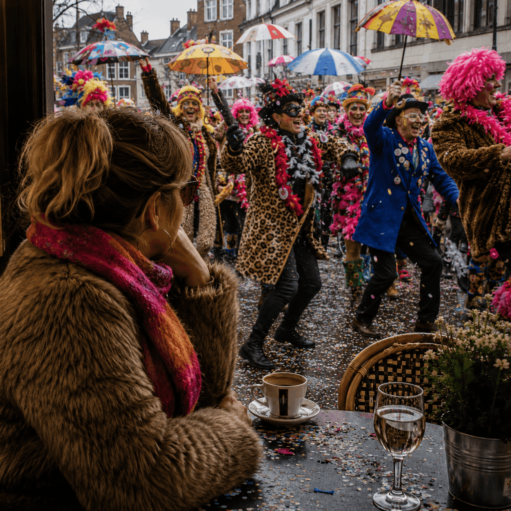 Depuis une terrasse de café, une personne regarde passer une foule de carnavaleux heureux et dynamiques, avec parapluies colorés, perruques, manteaux en fausse fourrure et accessoires festifs dans une rue animée du Carnaval de Dunkerque.