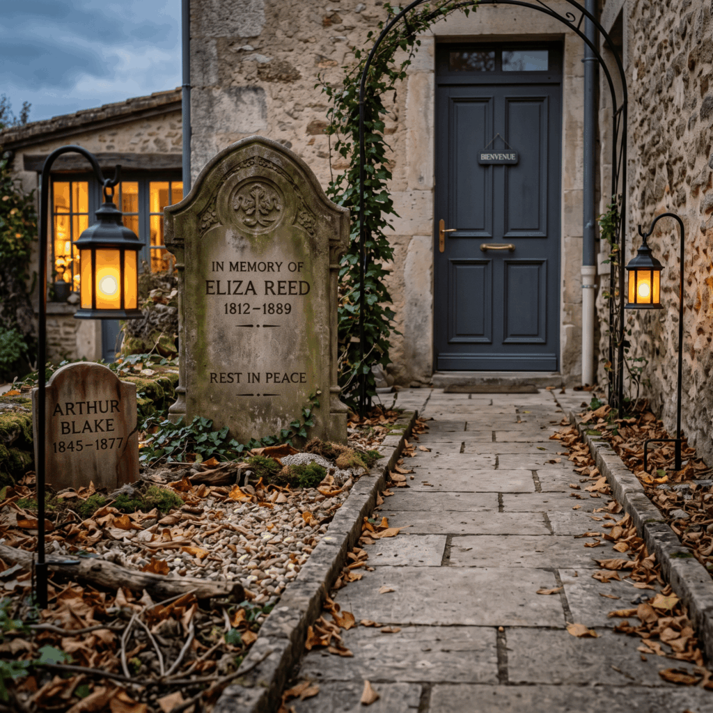 Petit cimetière Halloween installé devant une porte avec stèles, branches, crâne et lanternes LED, tout en laissant le passage dégagé.