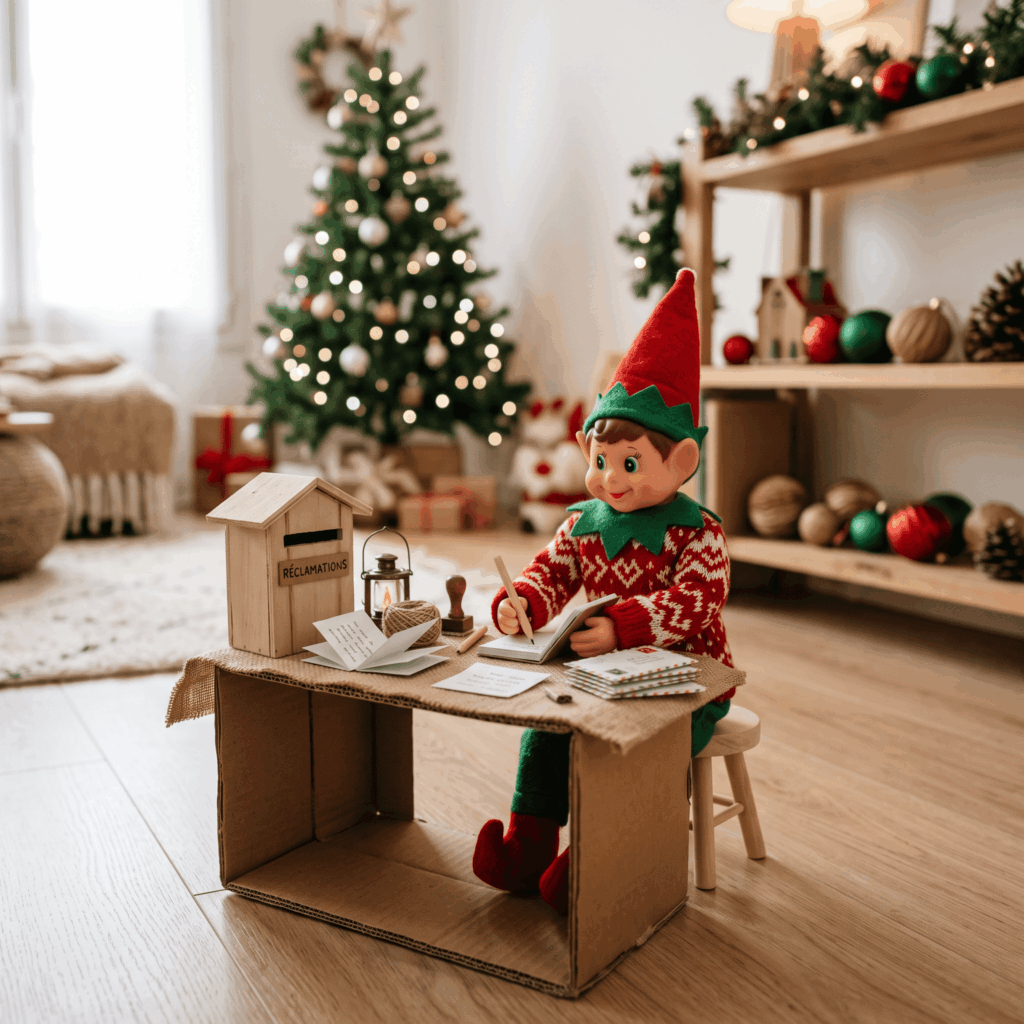 Un petit lutin de Noël est installé derrière un bureau miniature fabriqué avec une boîte, entouré de billets en papier et d’une petite boîte aux lettres, dans une mise en scène simple, drôle et facile à reproduire.
