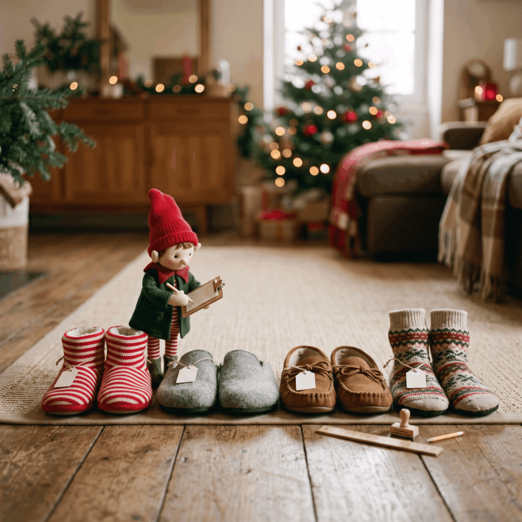 Plusieurs paires de chaussons sont soigneusement alignées devant un petit lutin de Noël tenant une fiche miniature, dans une mise en scène humoristique, propre et sans obstacle au sol.