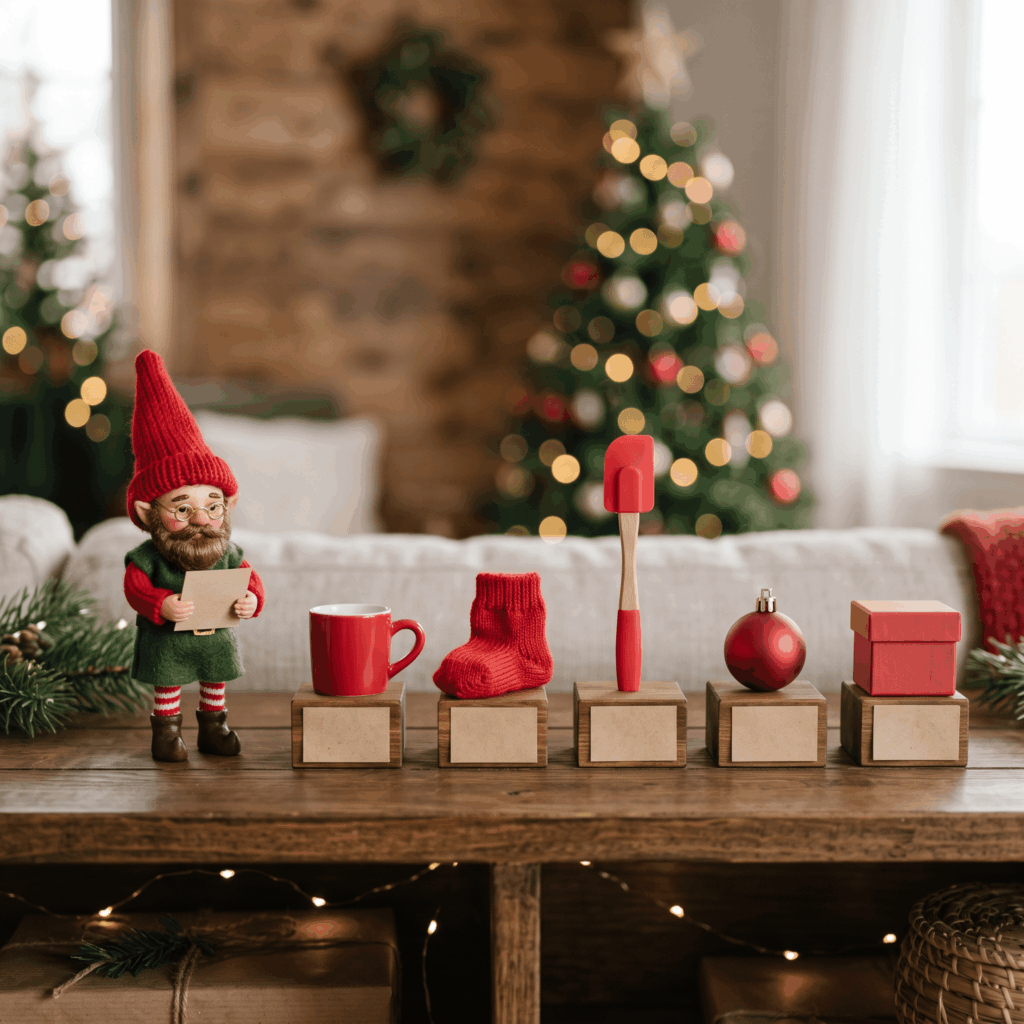 Un petit lutin de Noël présente cinq objets rouges ordinaires disposés comme des pièces de musée sur une console, avec de petits cartels vierges dans une ambiance amusante, élégante et facile à reproduire.
