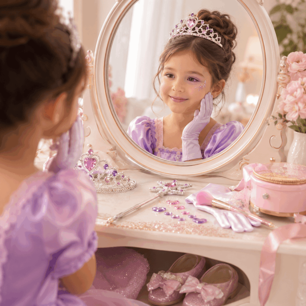 Une petite fille en déguisement de princesse violet se regarde dans le miroir d’une coiffeuse féerique. Autour d’elle, on retrouve un diadème, une baguette magique, des gants, des bijoux de visage, des paillettes et des chaussures de princesse, dans une ambiance douce rose poudré, dorée et violette.