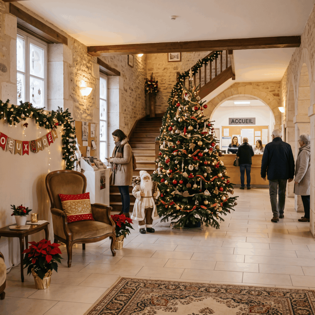 Petite mairie décorée pour Noël avec sapin, personnages festifs et espace photo accessible au public.