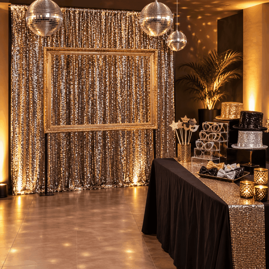 Photobooth strass et paillettes avec rideau brillant, cadre photo vide, lumière douce et accessoires soigneusement organisés.