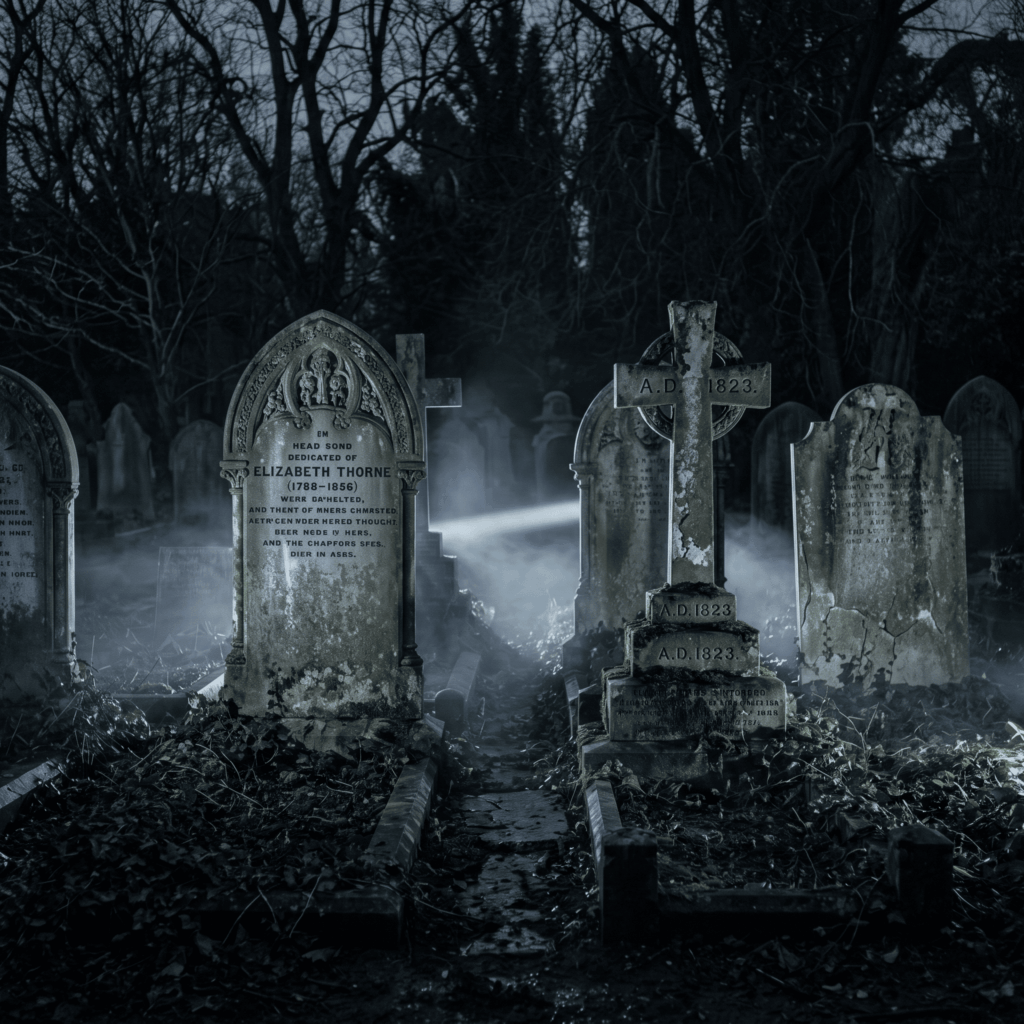 Pierres tombales anciennes éclairées depuis le sol par une lumière blanche froide, avec une brume basse circulant dans un cimetière Halloween sombre.