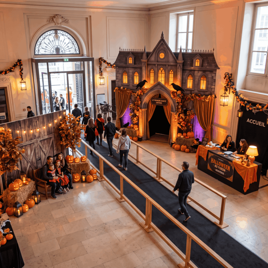 Vue légèrement surélevée d’un hall décoré pour Halloween, montrant clairement l’entrée, l’accueil, le point focal, l’espace photo et le cheminement du public.
