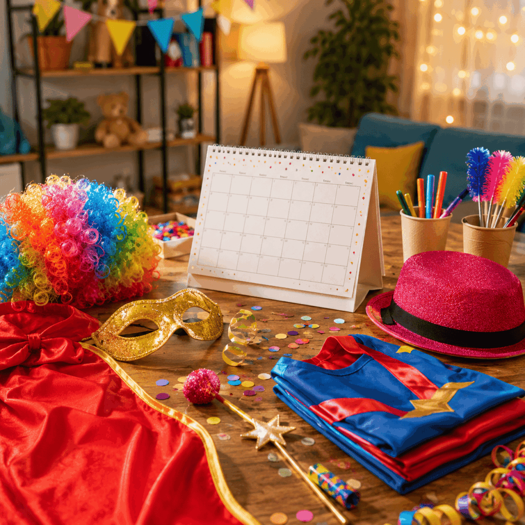 Table de préparation pour Carnaval 2027 avec masque coloré, confettis, chapeau, perruque et costume enfant.