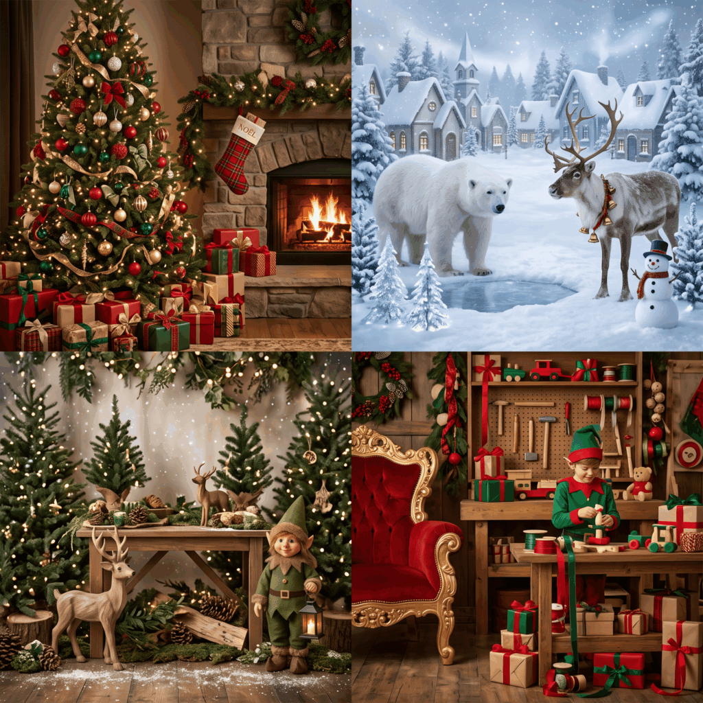 Composition présentant un Noël traditionnel rouge et or, une forêt enchantée verte et boisée, un village polaire blanc et bleu et un atelier du Père Noël avec lutins et cadeaux.