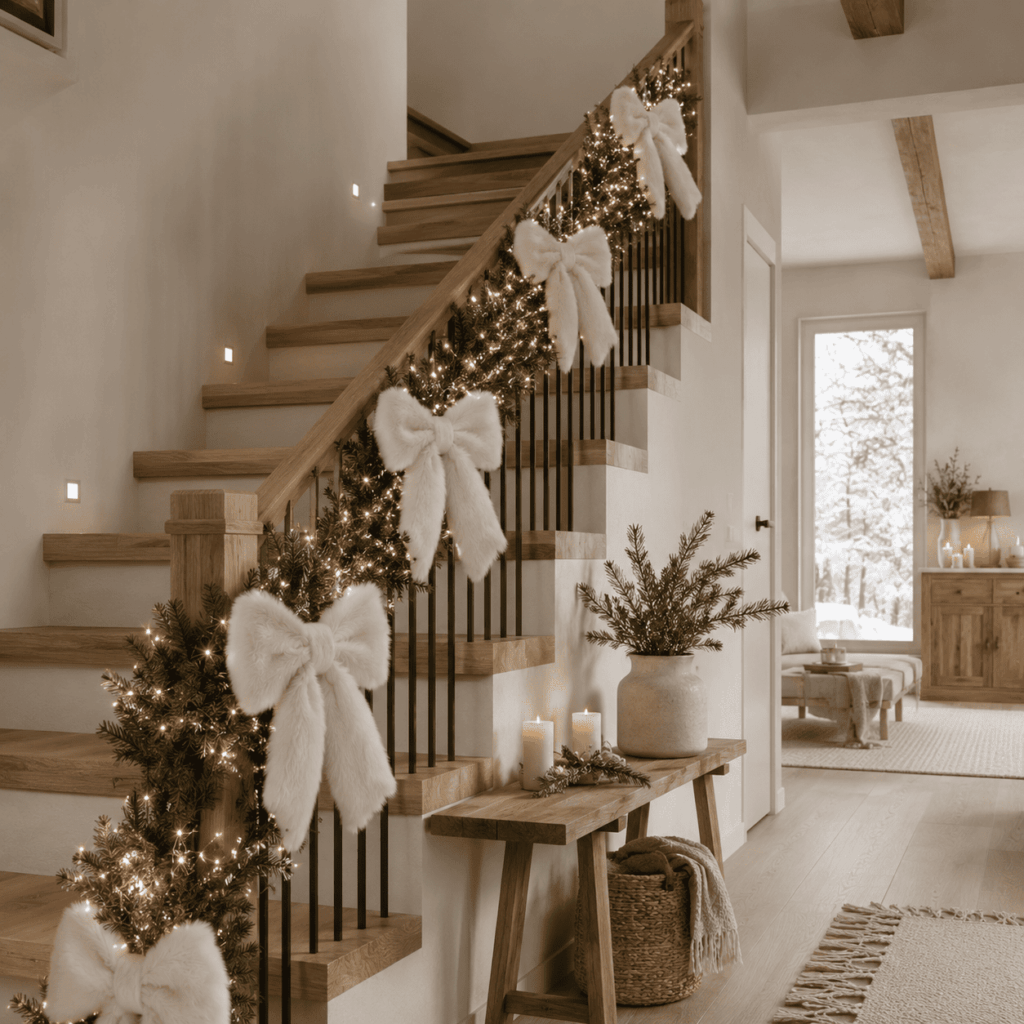 Intérieur scandinave chic avec une rampe d’escalier en bois clair décorée d’une guirlande de sapin, de lumières blanc chaud et de grands nœuds en fausse fourrure blanche, dans une ambiance épurée et chaleureuse de Noël.