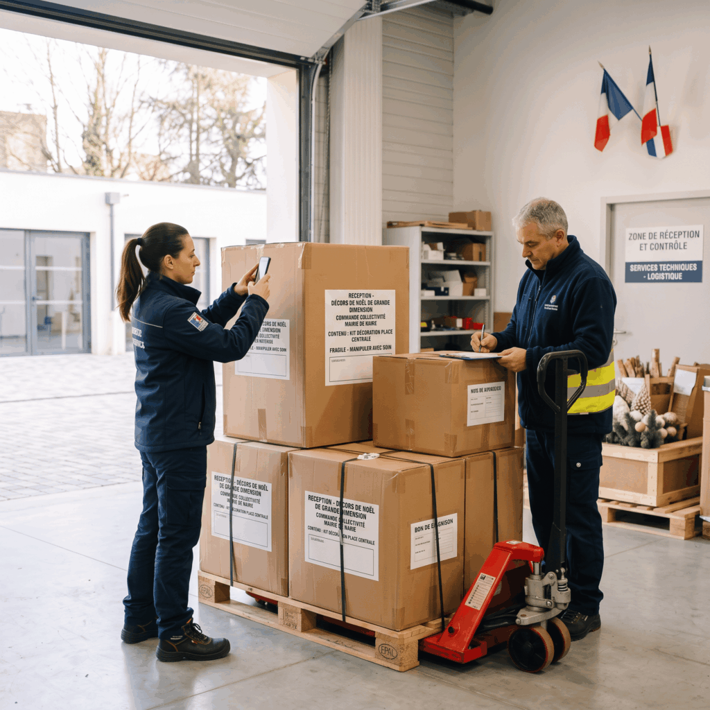 Deux personnes contrôlent une grande décoration de Noël livrée sur palette dans une structure municipale, en photographiant les cartons et en vérifiant la liste de colisage avant leur stockage temporaire.