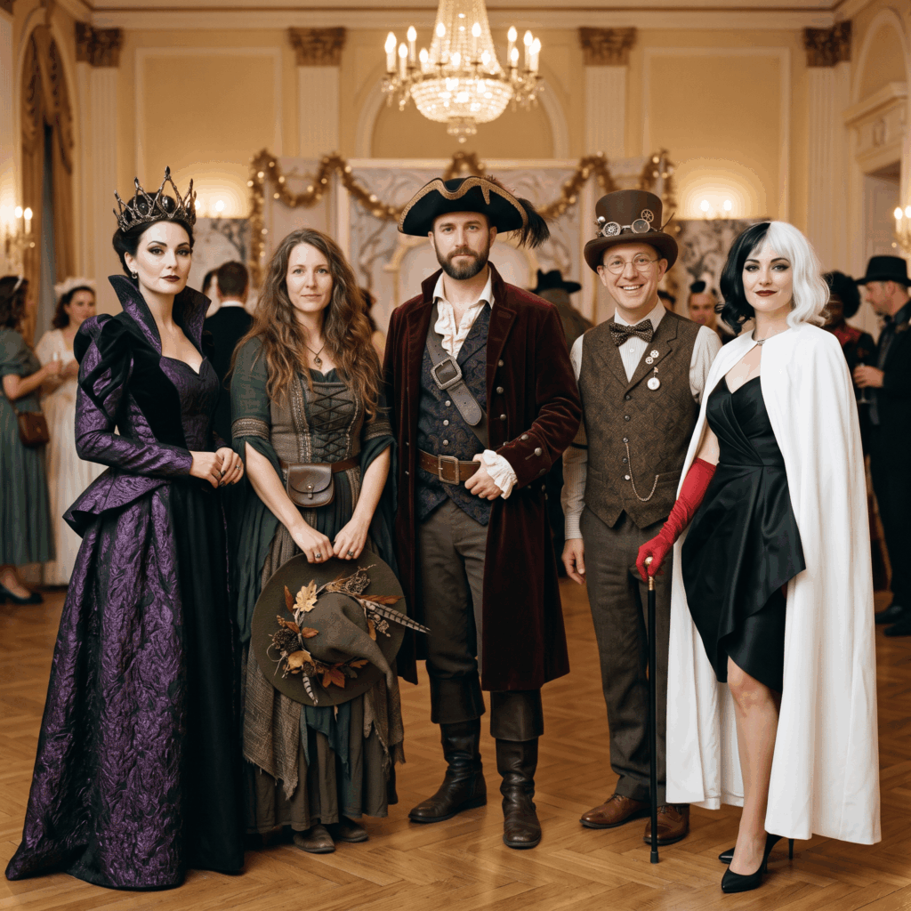 Cinq adultes incarnent une reine de conte, une sorcière, un pirate, un inventeur steampunk et une méchante de mode en noir et blanc lors d’une soirée déguisée.