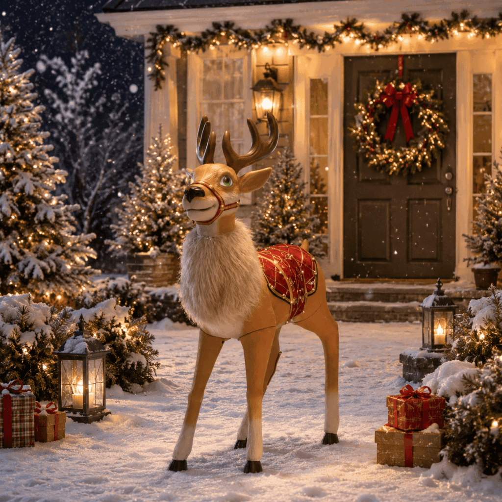 Renne de Noël installé en extérieur devant une maison décorée avec guirlandes, couronne, lanternes, cadeaux et sapins enneigés pour créer une scène complète autour d’un automate.