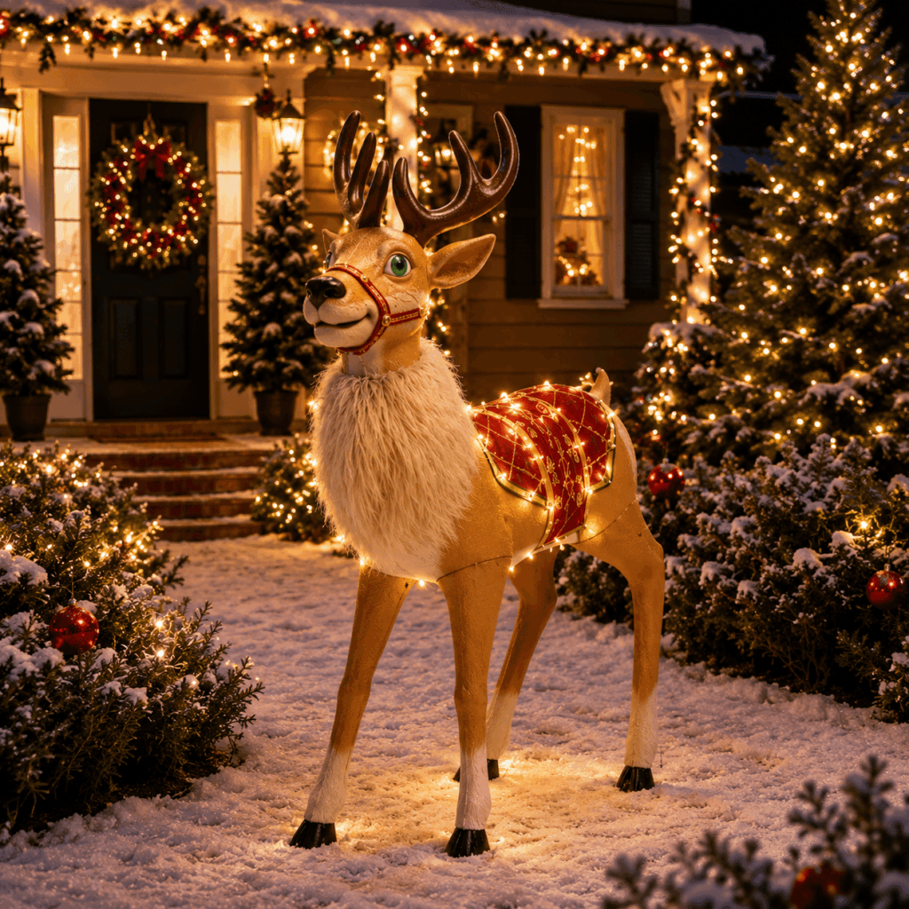 Renne de Noël lumineux installé en extérieur dans un jardin enneigé, devant une maison décorée avec guirlandes, couronne et lumières de Noël.