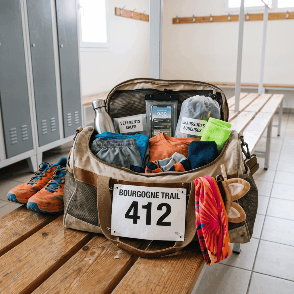 Un sac de sport ouvert contient un dossard, des chaussures de running, une tenue sèche, des chaussettes, une serviette et des accessoires légers pour préparer une course déguisée.
