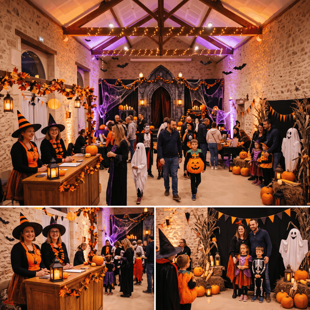Salle communale décorée pour Halloween avec accueil familial, décor de manoir hanté et espace photo