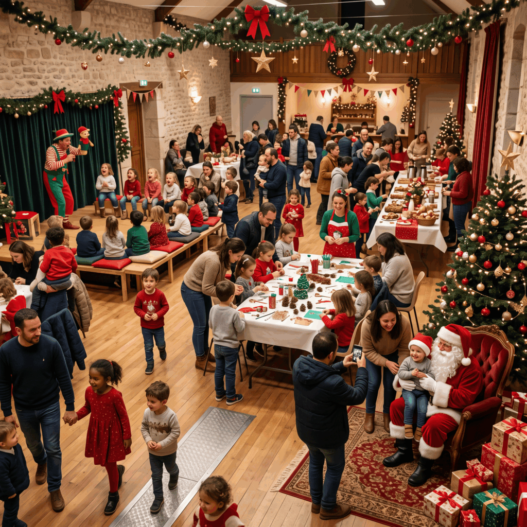 Salle décorée pour un arbre de Noël d’entreprise, de CSE ou de collectivité, avec un espace spectacle, un atelier créatif, un goûter et une zone Père Noël animée.