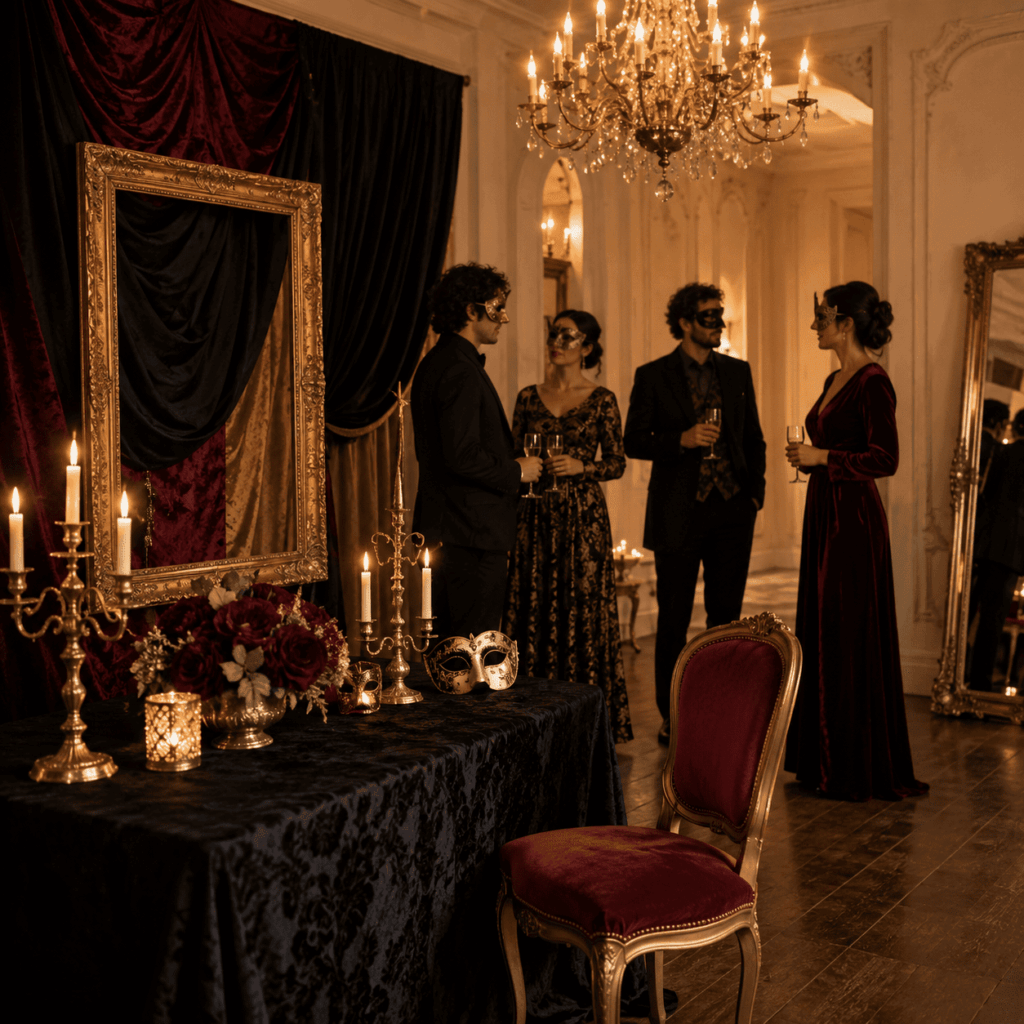 Une salle de réception aménagée pour un bal masqué avec drapés, bougies LED, chandeliers, masques décoratifs, cadre doré et espace photo, tout en conservant une circulation dégagée.