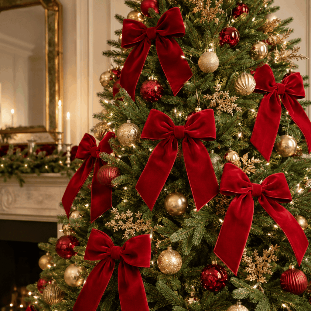 Sapin de Noël élégant décoré avec plusieurs grands nœuds rouges en velours, des boules rouges et dorées, et des guirlandes lumineuses blanc chaud dans un intérieur chic et festif.