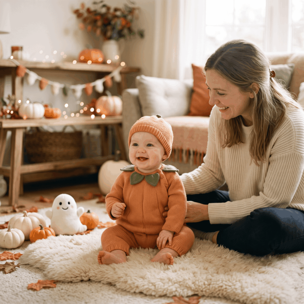 Bébé détendu dans un costume Halloween souple, assis sur un tapis devant un décor joyeux composé de citrouilles et de feuilles d’automne, avec un parent présent à proximité et une lumière naturelle douce.