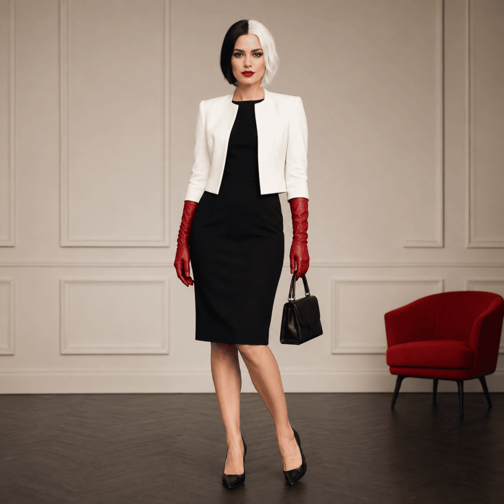 Tenue inspirée de Cruella avec coiffure noire et blanche, robe noire, veste synthétique blanche et gants rouges.