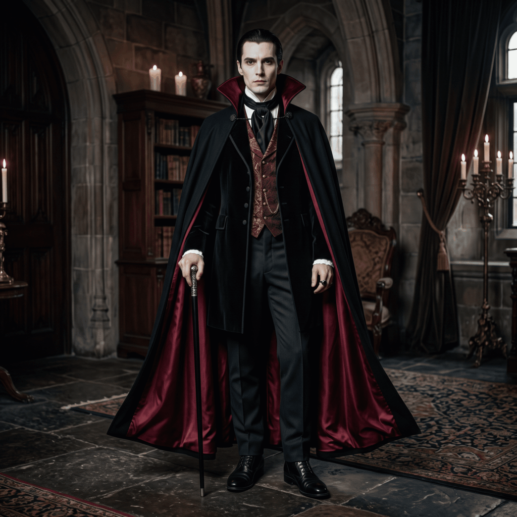 Dracula en pied avec cape noire doublée de rouge, chemise blanche et tenue gothique élégante dans un décor de château sombre.